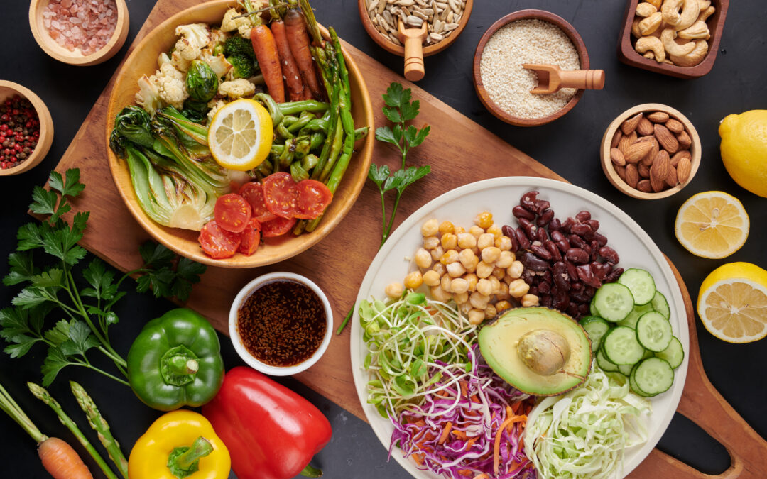 Buddha bowl dish photo, avocado, pepper and tomato.